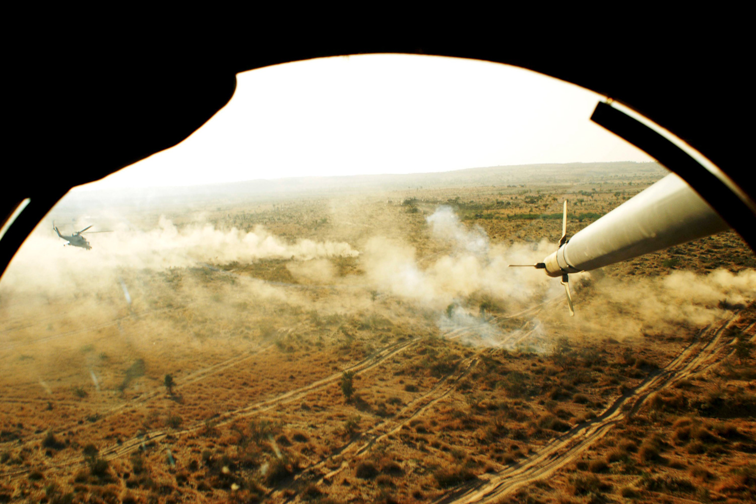 May 3, 2012. The view from the gunner's cockpit of an Indian Air Force Mi-35 attack helicopter is pictured during the Shoor Veer military exercise near Hanumangarh, located near the India-Pakistan border.