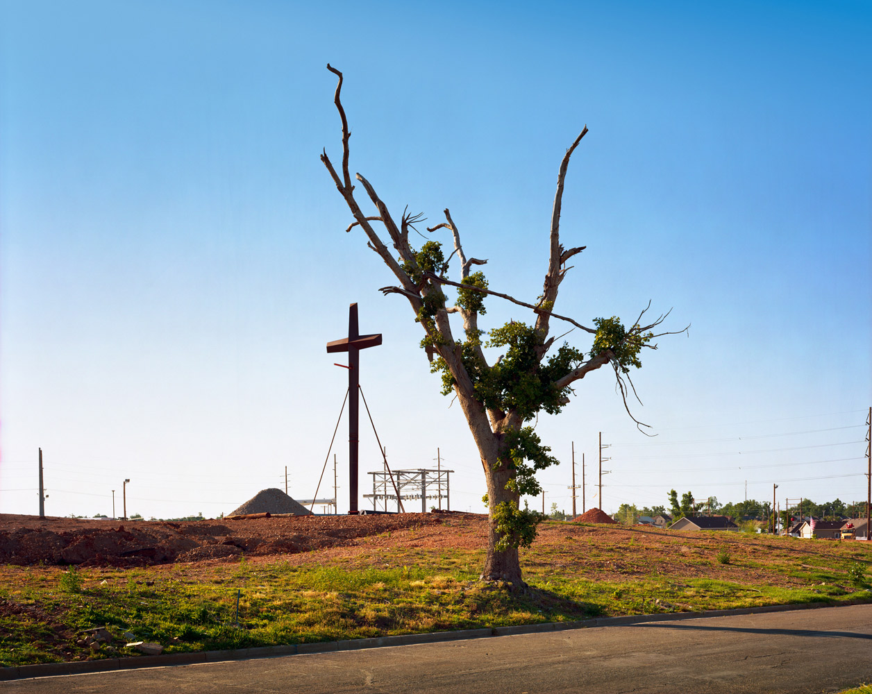 An oak tree comes back near the site of St. Mary's church, which was completely destroyed except for its cross. The tree is along S. Moffet Street.