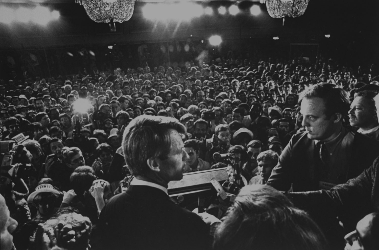 Sen. Robert Kennedy gives a speech at the Ambassador Hotel in Los Angeles before his assassination, June 1968.