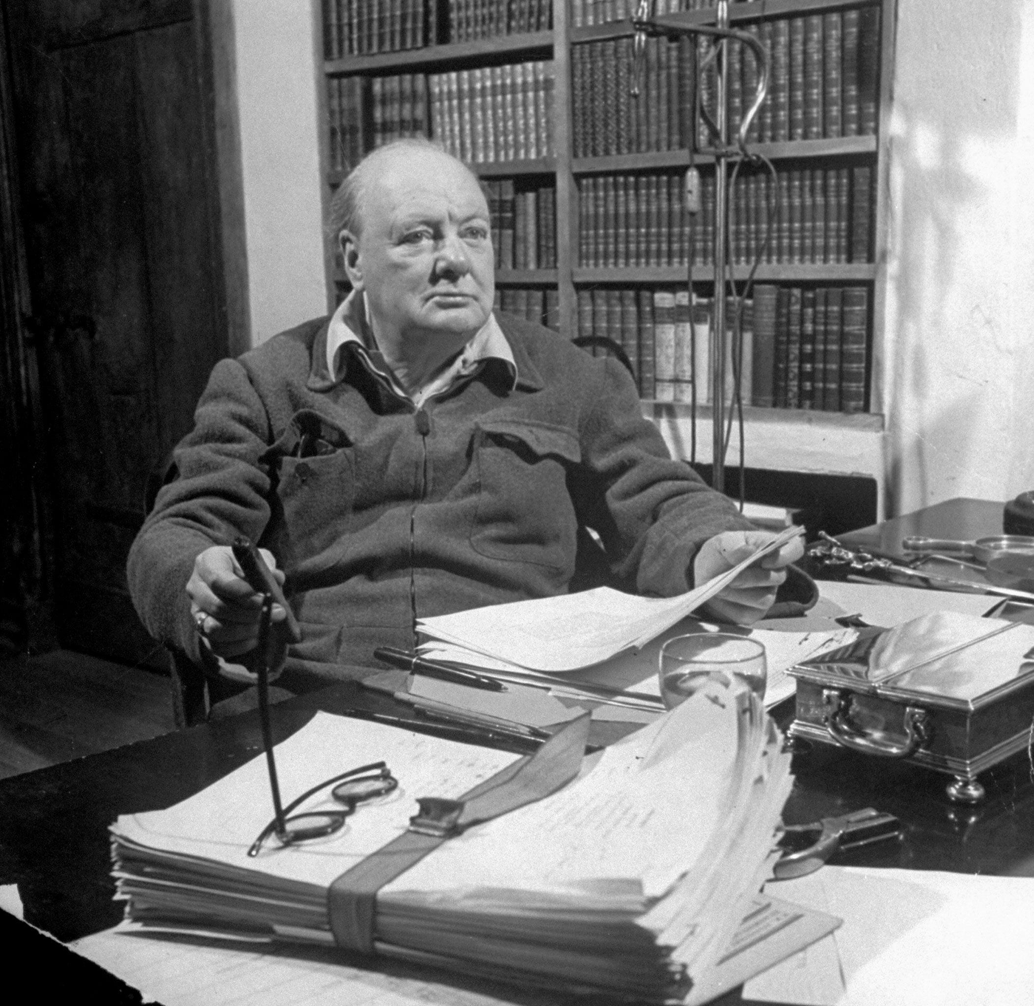 Winston Churchill at his desk working on his memoirs, March 1947