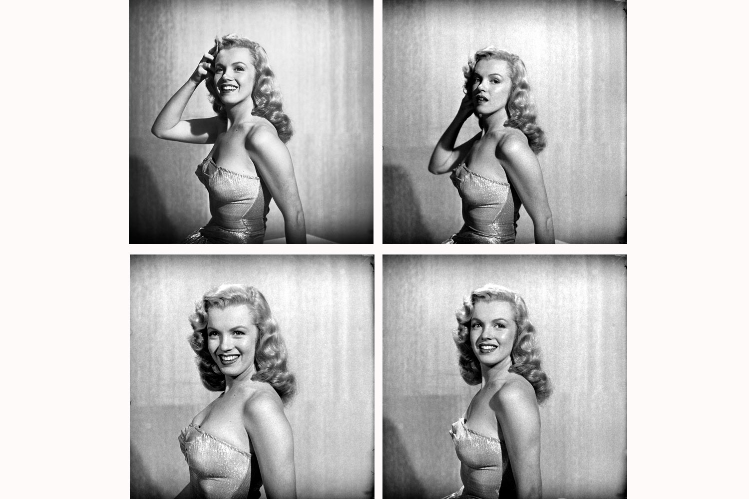 Four photographs of Marilyn Monroe at age 22, Hollywood, 1949.