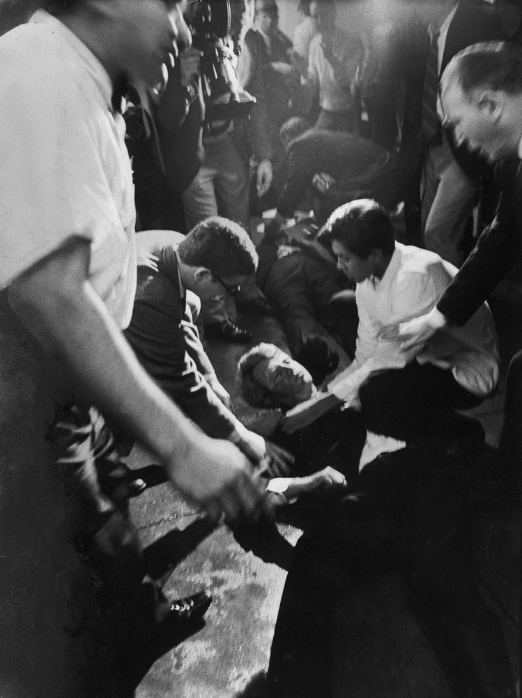 A mortally wounded Robert Kennedy on the floor of the kitchen at the Ambassador Hotel, June 1968.