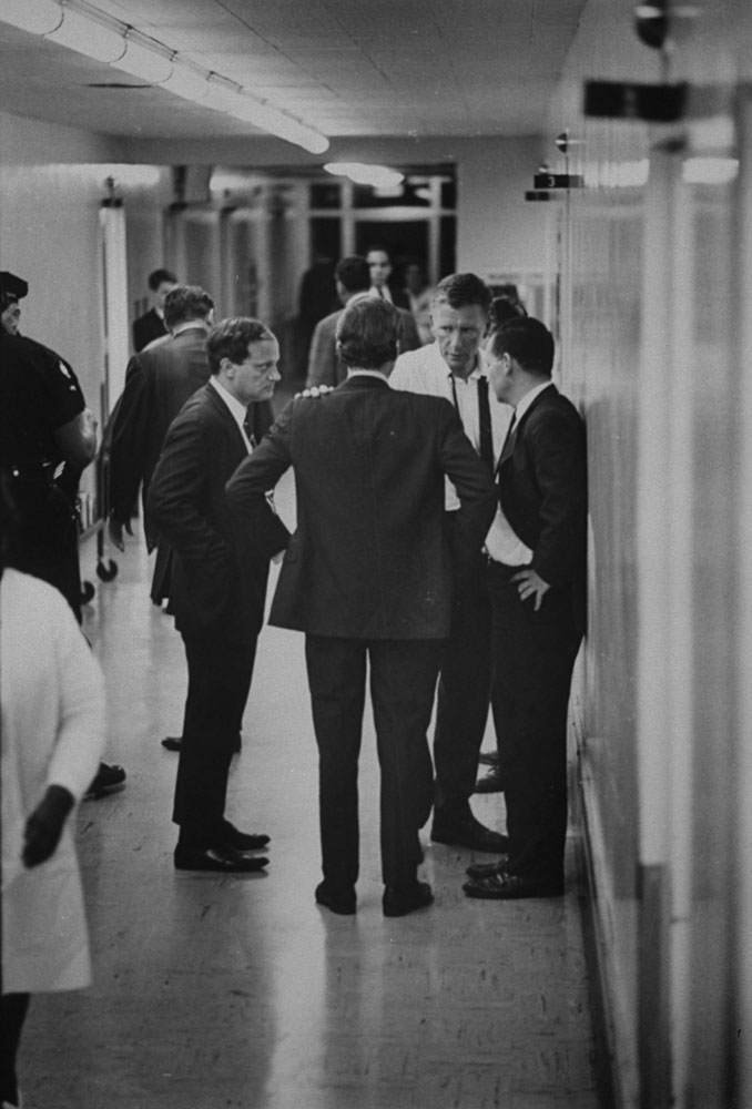 The scene at the Hospital of the Good Samaritan in Los Angeles after mortally wounded Robert Kennedy arrived there, June 1968.