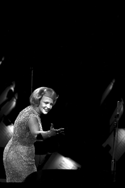 Singer Peggy Lee on stage at Madison Square Garden during a "Birthday Salute" in honor of President Kennedy, New York, May 19, 1962.