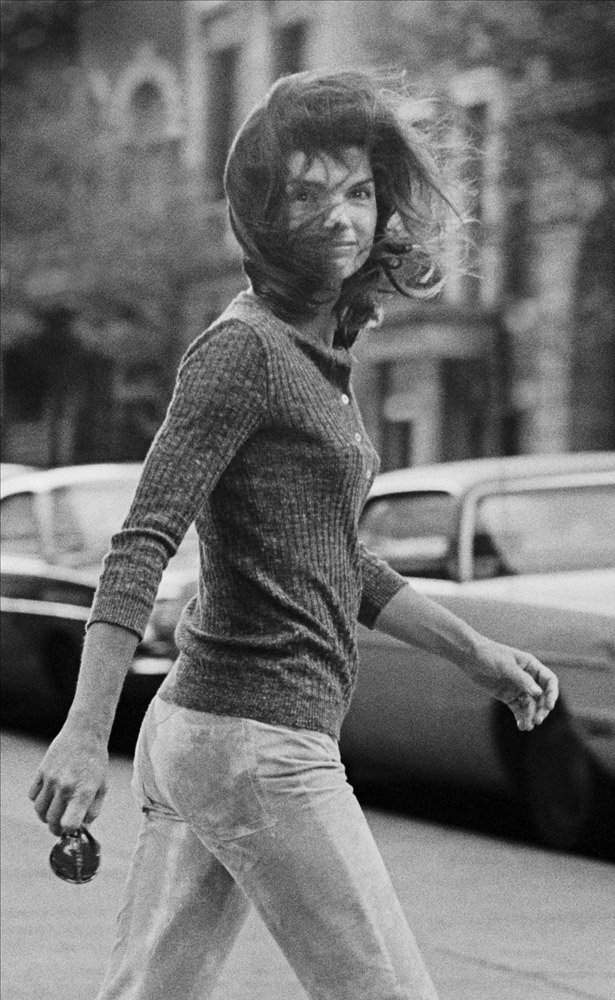 Jacqueline Kennedy Onassis photographed walking on Madison Avenue in New York City. Oct. 7, 1971