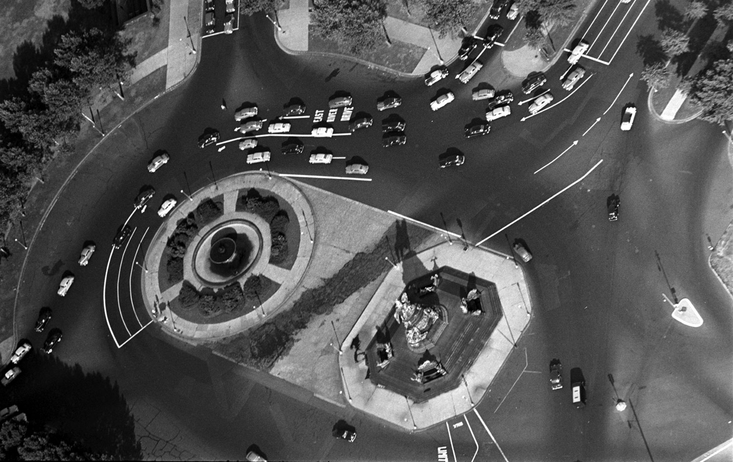 Columbus Circle, New York City, photographed from a helicopter, 1952.