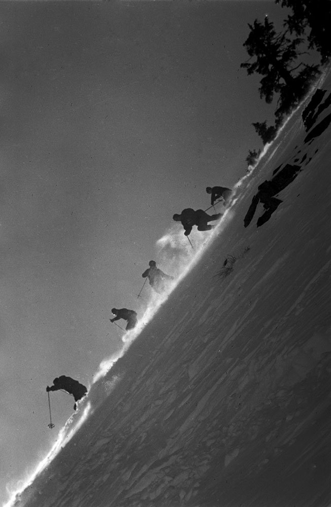 Skiers train for the 1952 Winter Olympics, Squaw Valley, California, 1950.