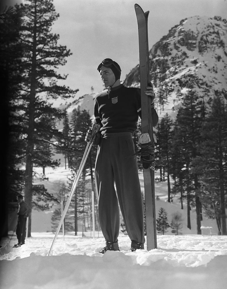 A skier trains for the Olympics, Squaw Valley, California, 1950.