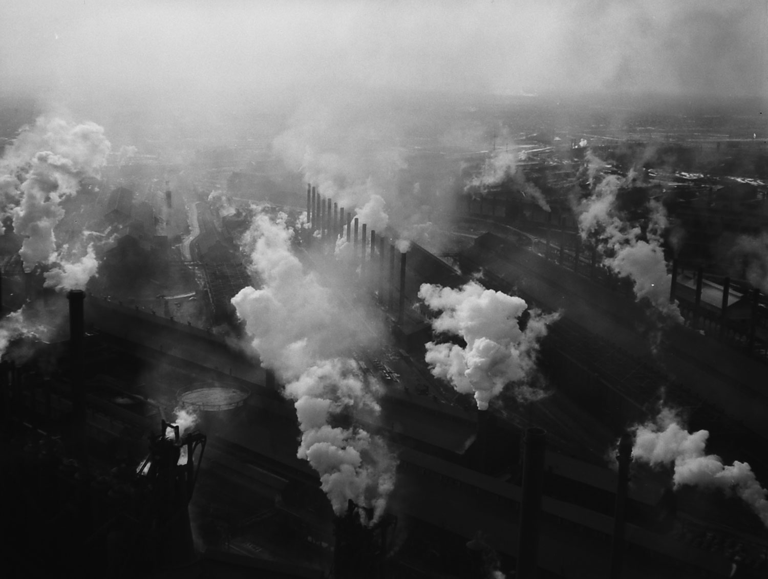 Gary, Indiana, steel plant, photographed from a helicopter, 1952.