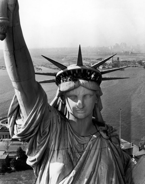 The Statue of Liberty, photographed from a helicopter, 1952.