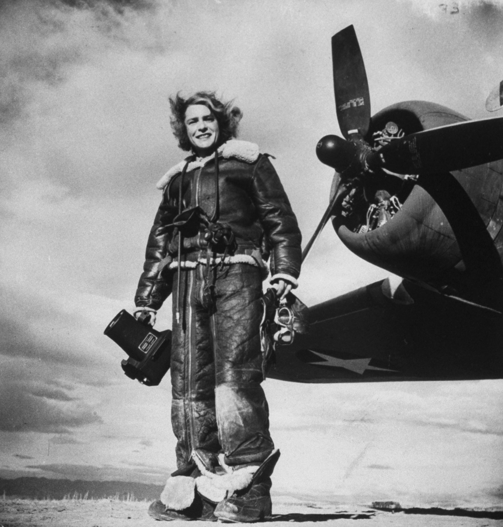 Margaret Bourke-White's favorite self-portrait, made with the U.S. 8th Air Force in 1943.