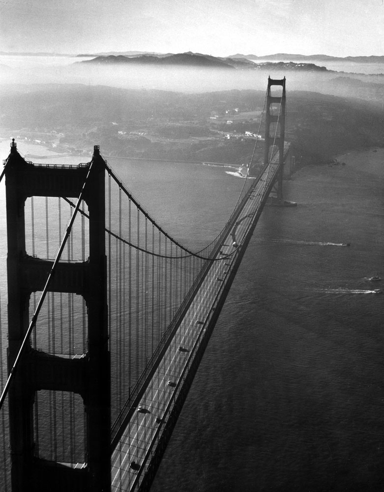 Golden Gate Bridge, photographed from a helicopter, 1952.