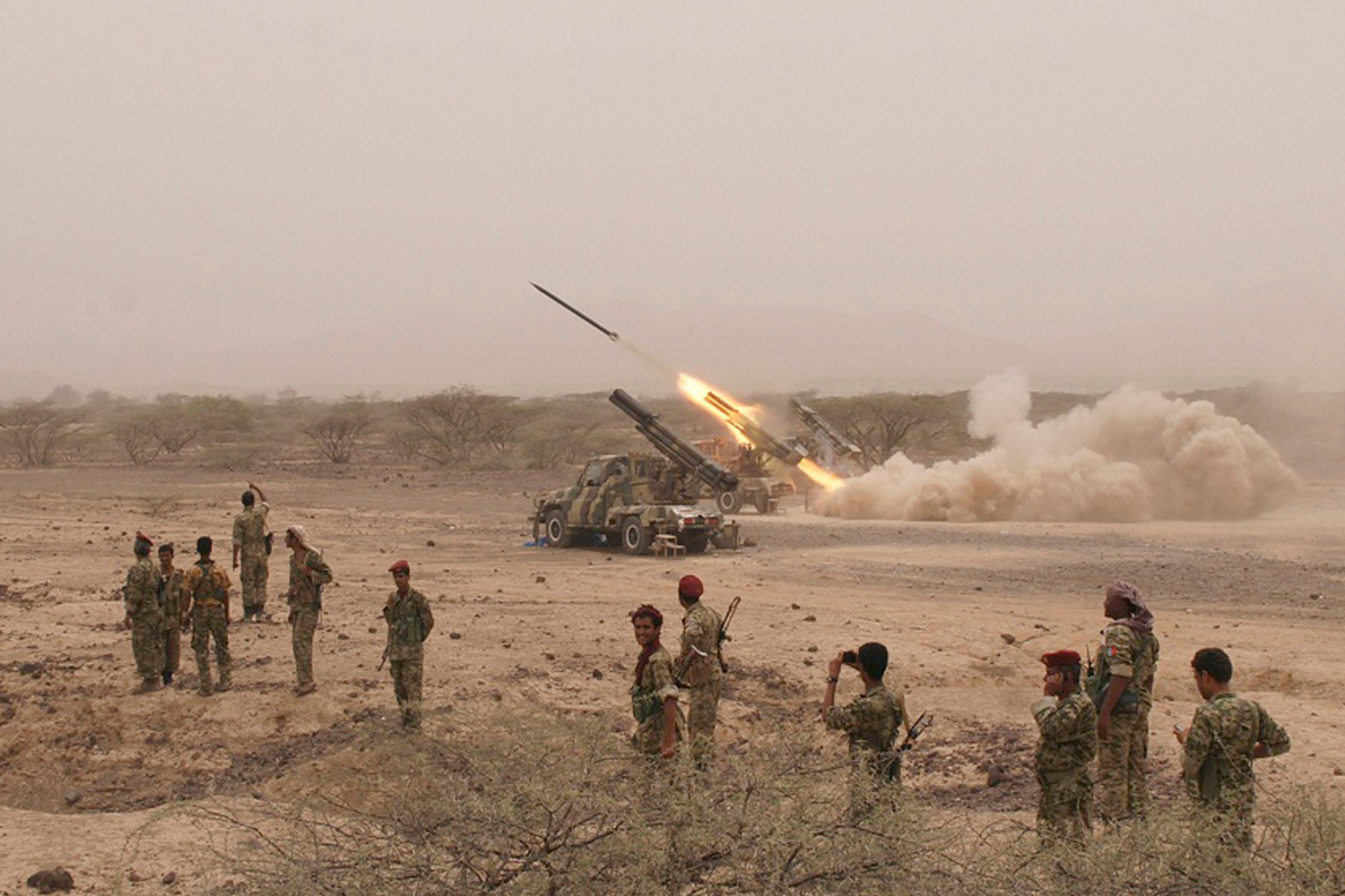June 4, 2012. Yemeni army forces fire a missile towards al Qaeda-linked militant positions in the southern province of Abyan, Yemen.