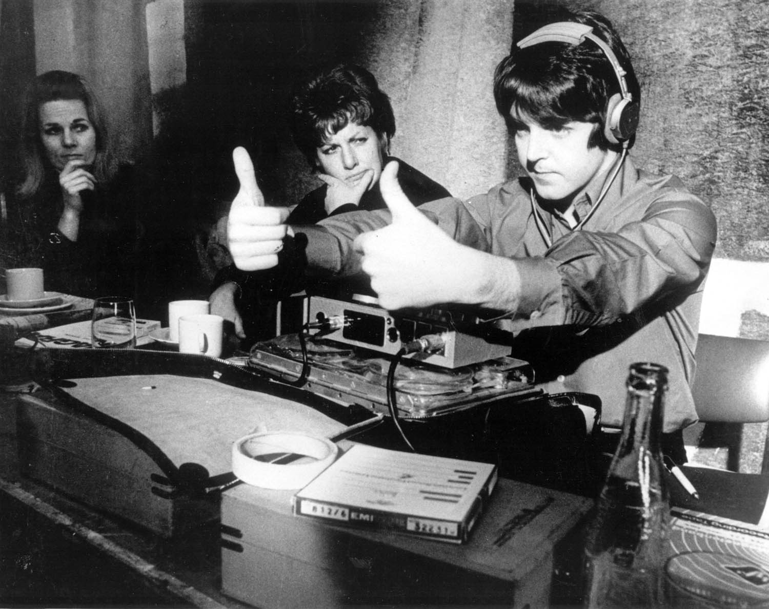 Paul McCartney gives the thumbs up during production of the new Beatles' film, a feature length cartoon called 'Yellow Submarine'. 1968.