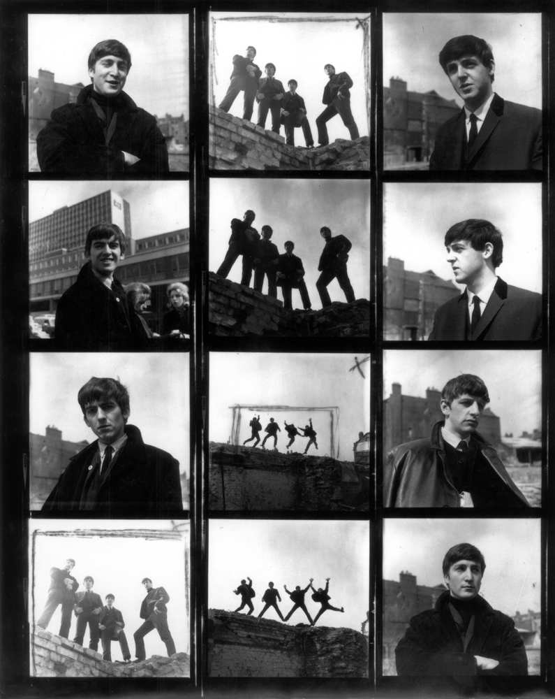 The Beatles contact sheet from shoot by Fiona Adams on assignment for Boyfriend Magazine taken on location in London, England 1963. One of the jumping frames was later chosen for  the Beatles EP album 'Twist and Shout'.