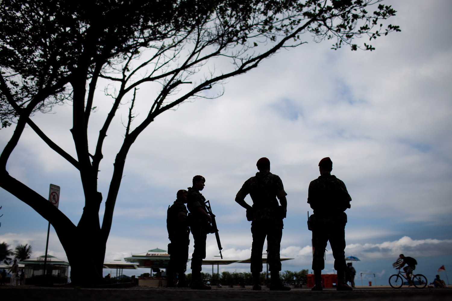 June 12, 2012. Brazil Army soldiers patrol along the nearby shores Copacabana beach ahead of the Rio+20 United Nations Conference on Sustainable Development, in Rio de Janeiro.