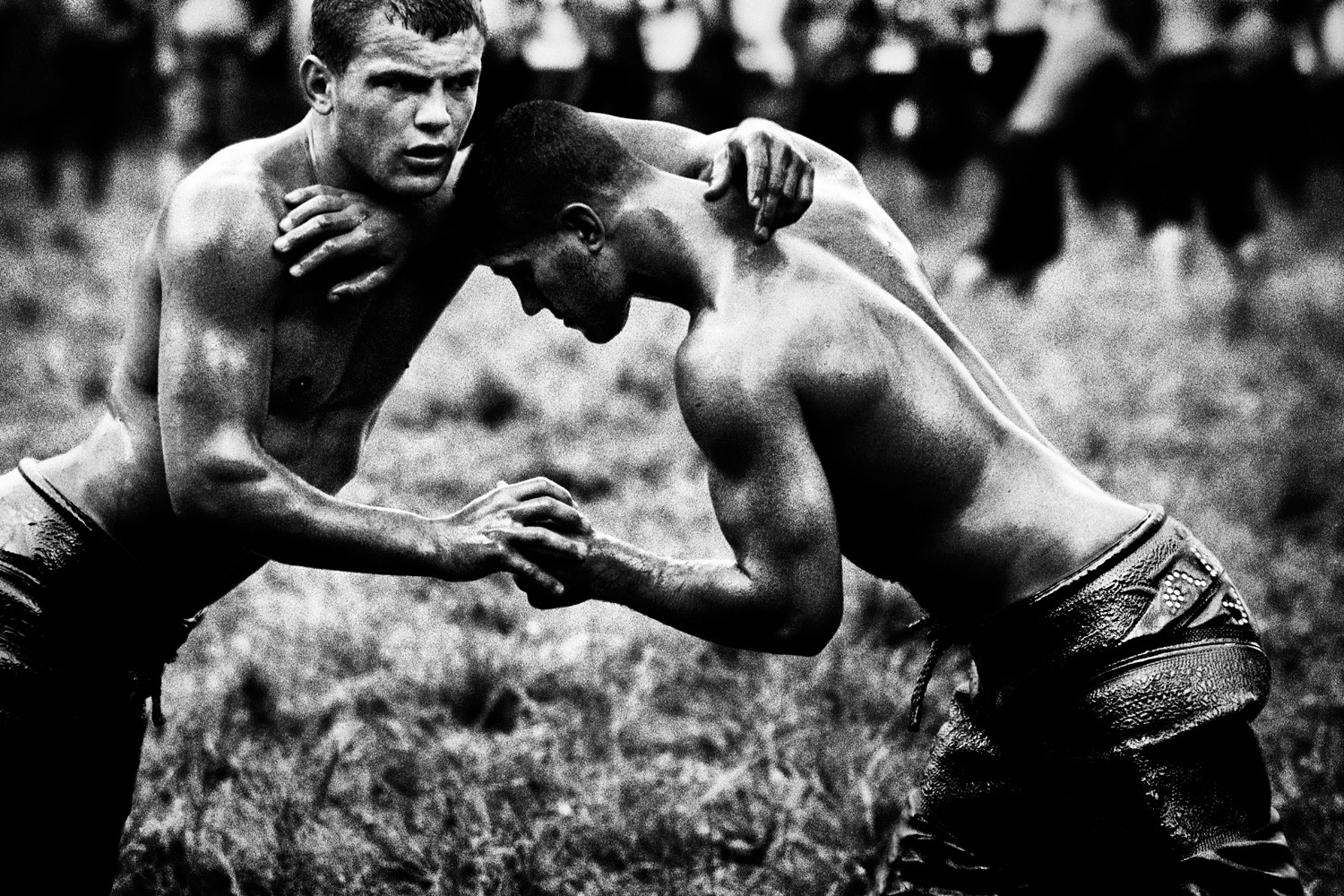 Two wrestlers in the Kirkpinar festival make contact.