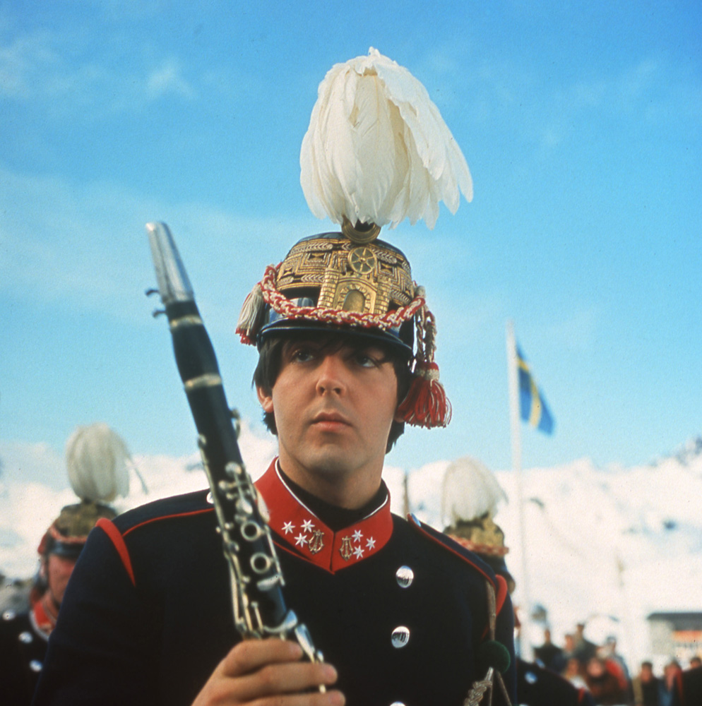 Paul McCartney of the Beatles sports his marching band uniform while filming the movie  Help , released in 1965.