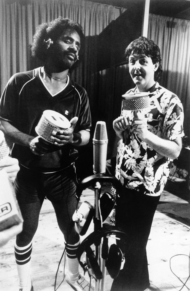 Stevie Wonder (left) and Paul McCartney (right) are shown working on the album Tug of War, in a series of recordings on the Caribbean Island of Montserrat. The first single released from the album was   Ebony and Ivory  in 1982.