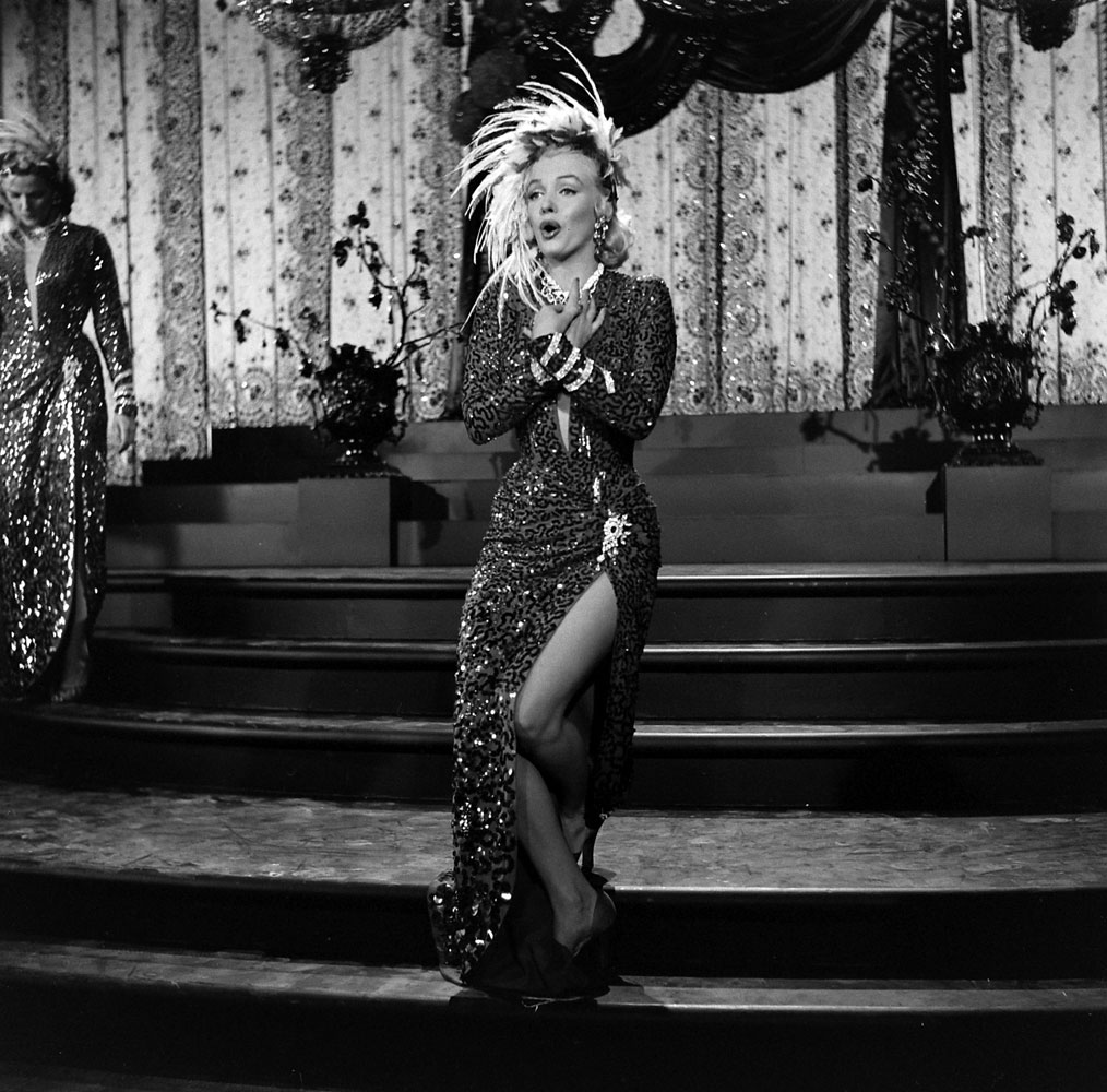 Marilyn Monroe, Jane Russell, on the set of Gentleman Prefer Blondes