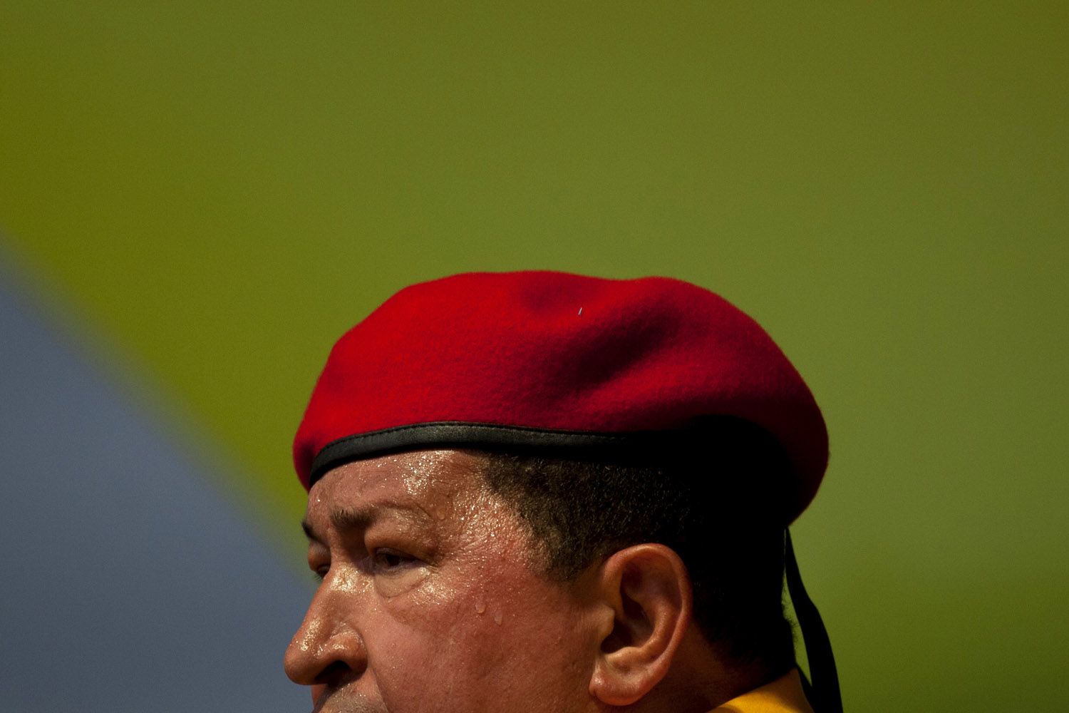 July 14, 2012. Venezuela's president Hugo Chavez dons a red beret as he speaks to supporters at a campaign rally in Barquisimeto, Venezuela.