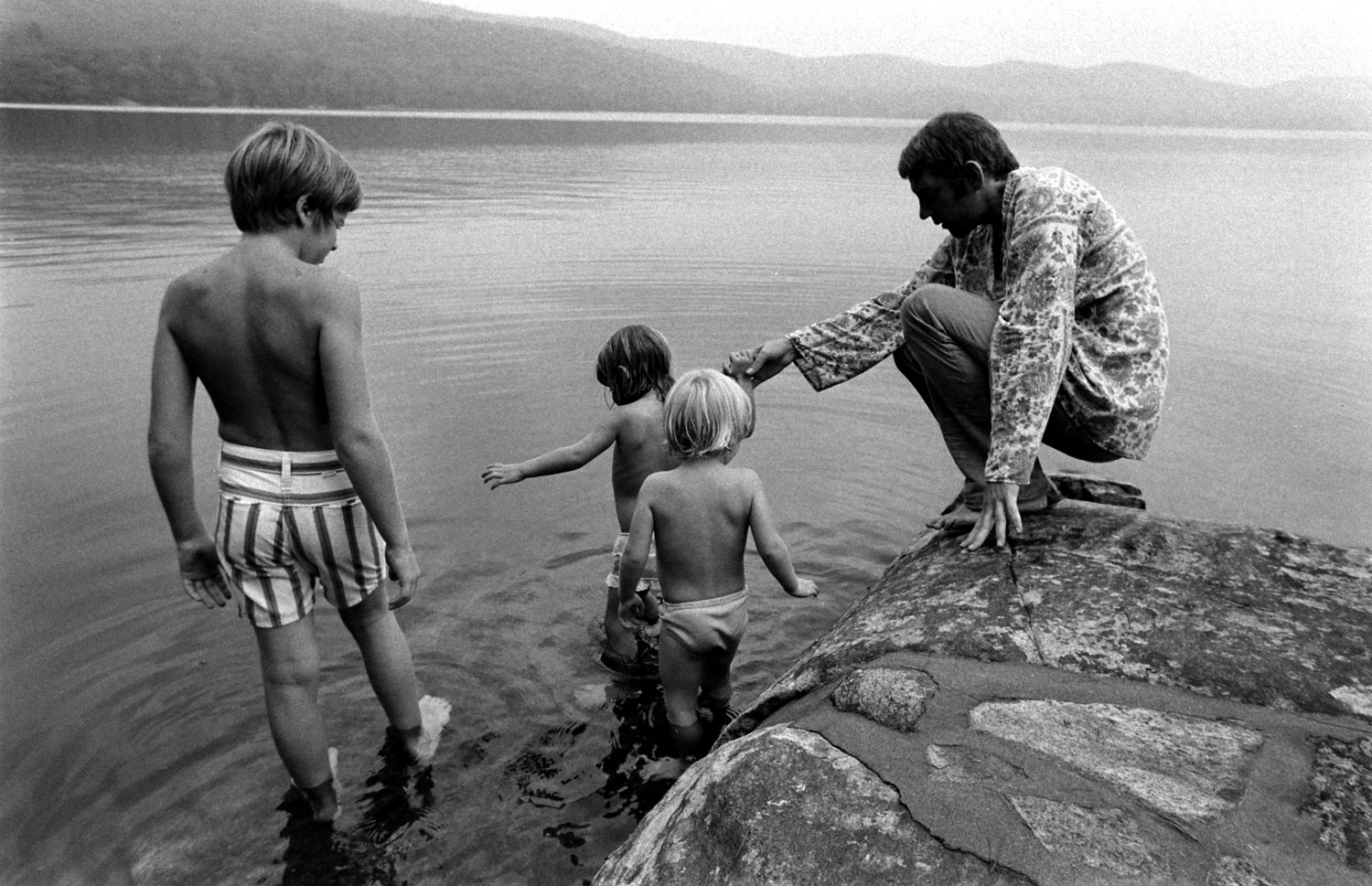 Donald Sutherland with his twin daughter and son, Rachel and Kiefer, and his stepson, Tom (left), in California, 1970.