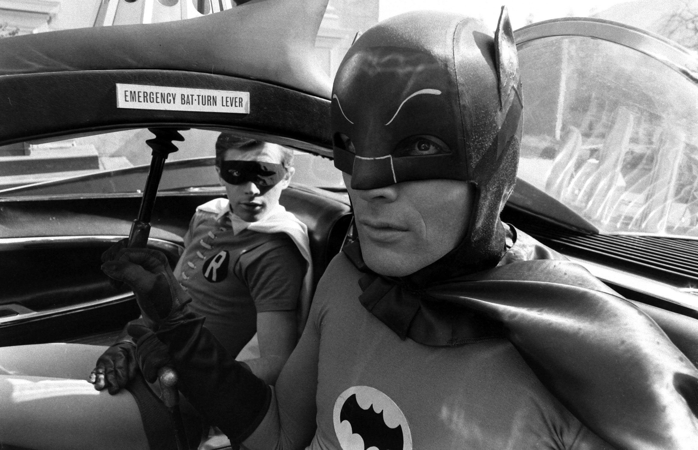 Adam West (Batman) and Burt Ward (Robin) on the set of Batman, 1966.