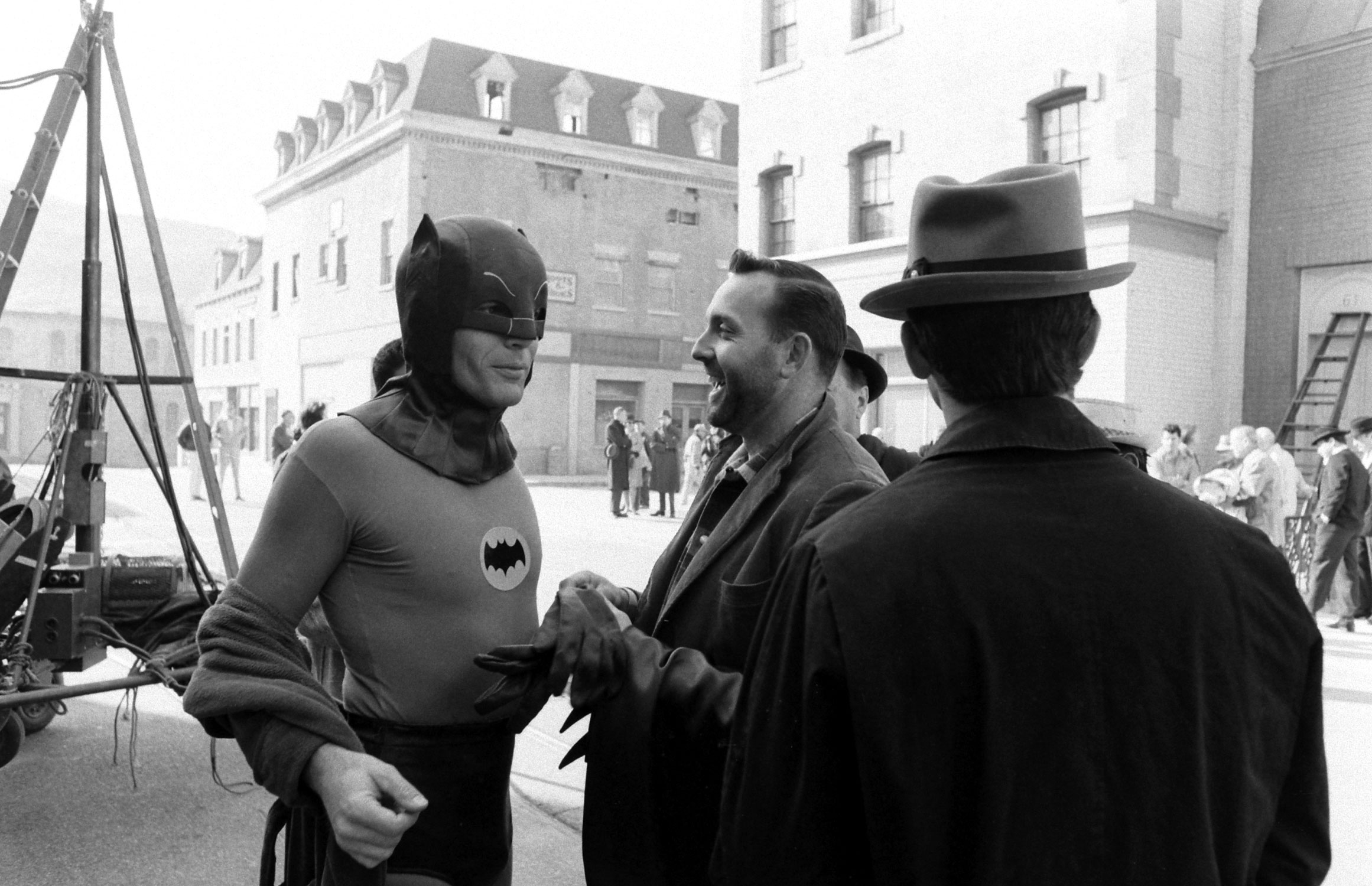 Adam West in costume on the set of Batman, 1966.