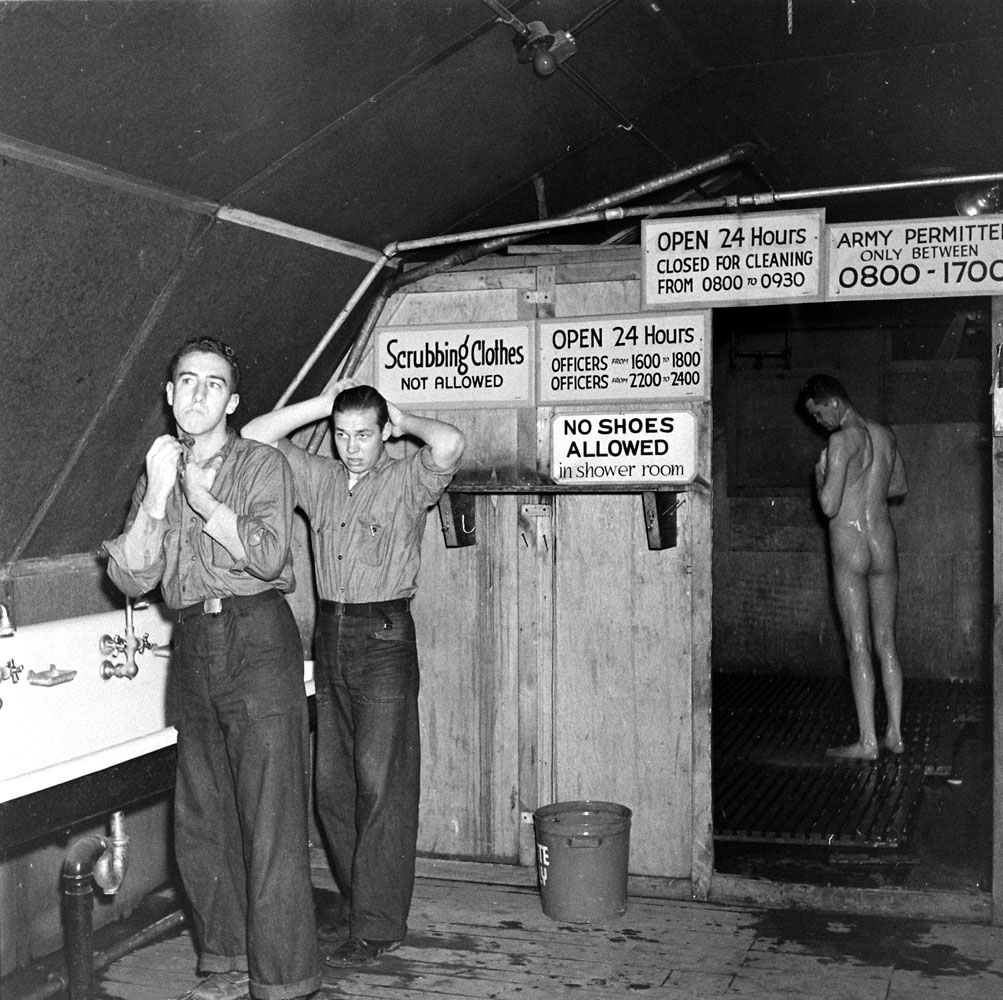 Showering, Aleutian Campaign, Alaska, 1943.