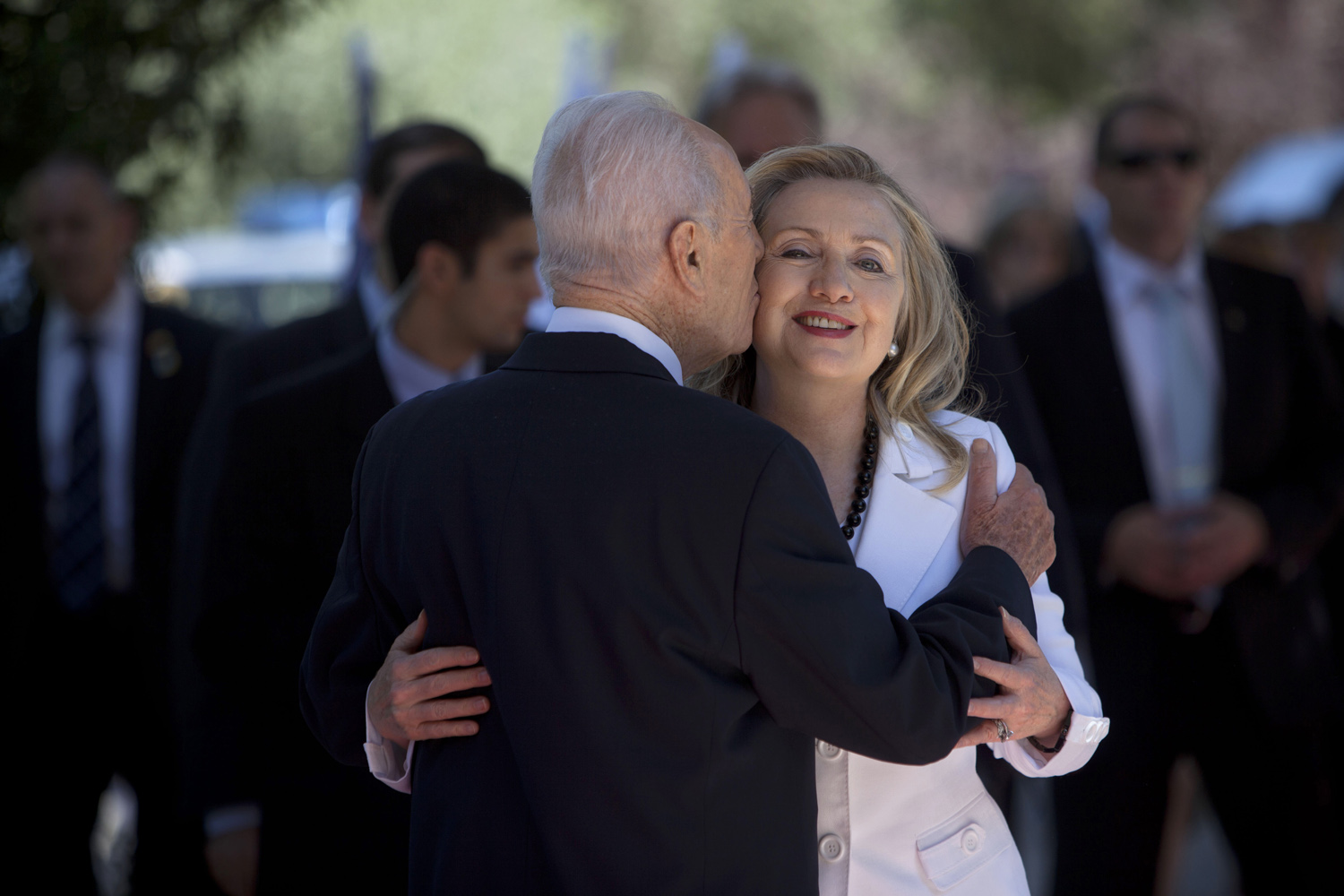 July 16, 2012. Israel's president Shimon Peres, left, welcomes U.S. Secretary of State Hillary Rodham Clinton in Jerusalem.