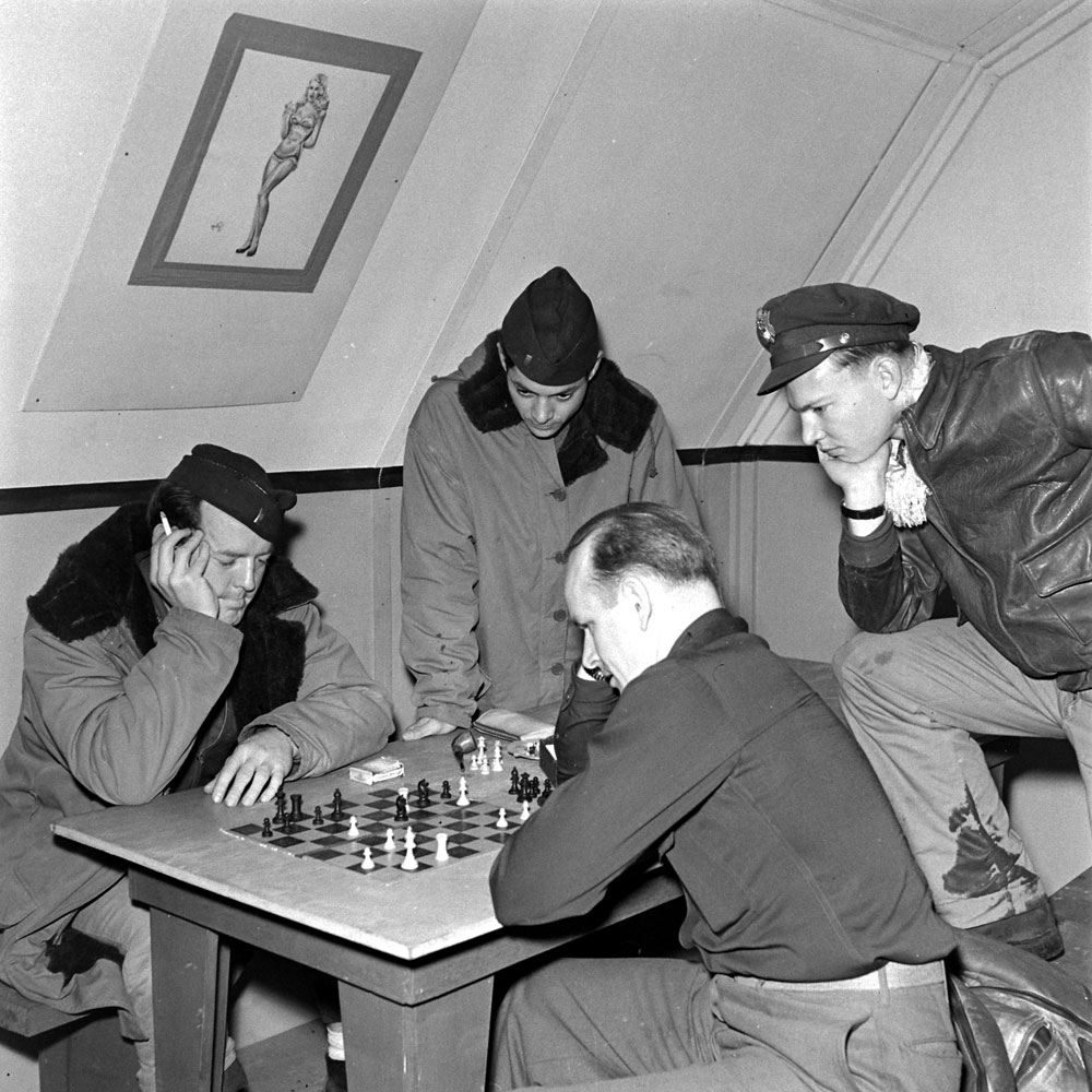 Playing chess, Adak Island, Aleutian Campaign, Alaska, 1943.