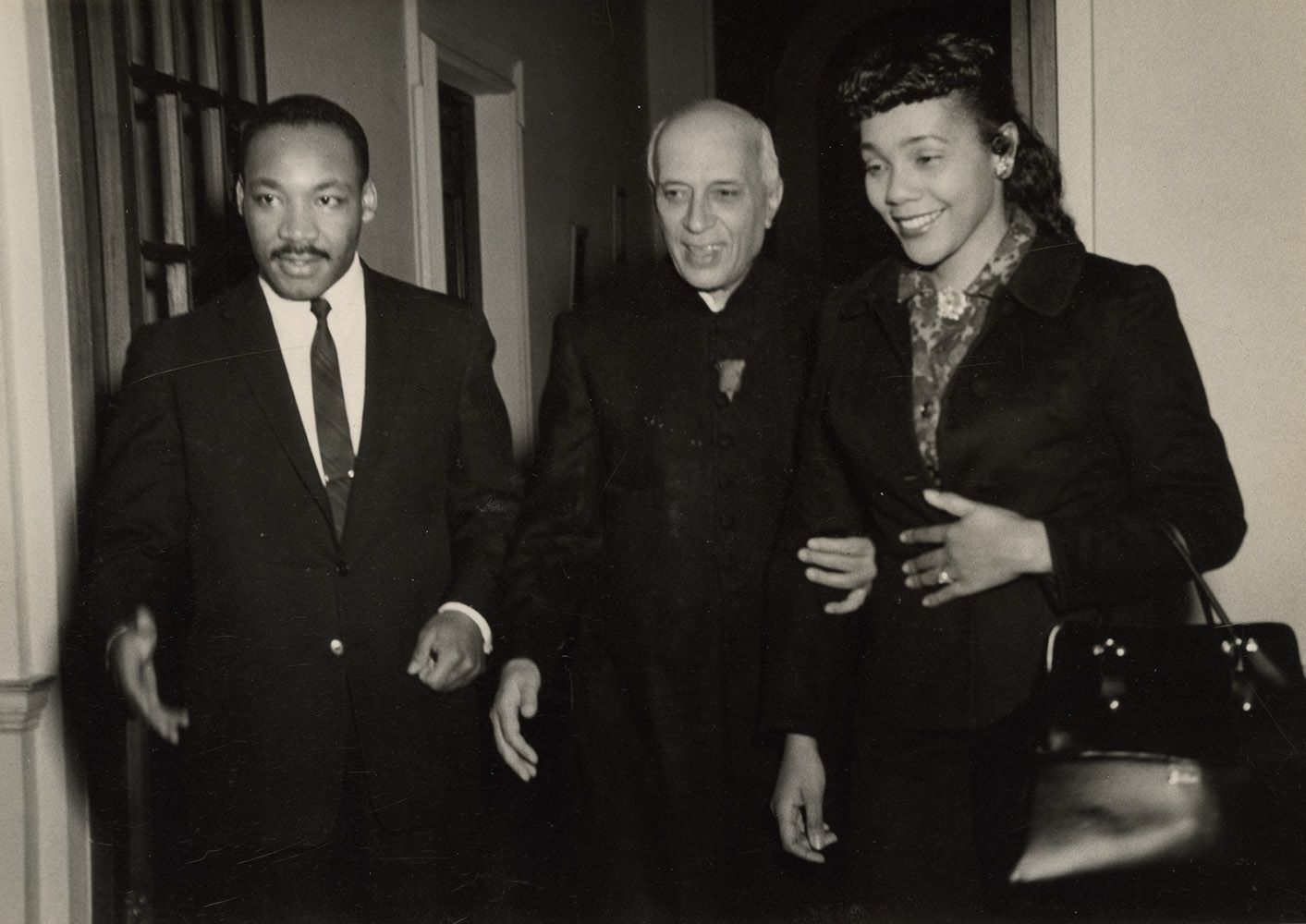 Dr. Martin Luther King Jr. and his wife, Coretta Scott King, with Prime Minister Nehru during their visit to India, 1959