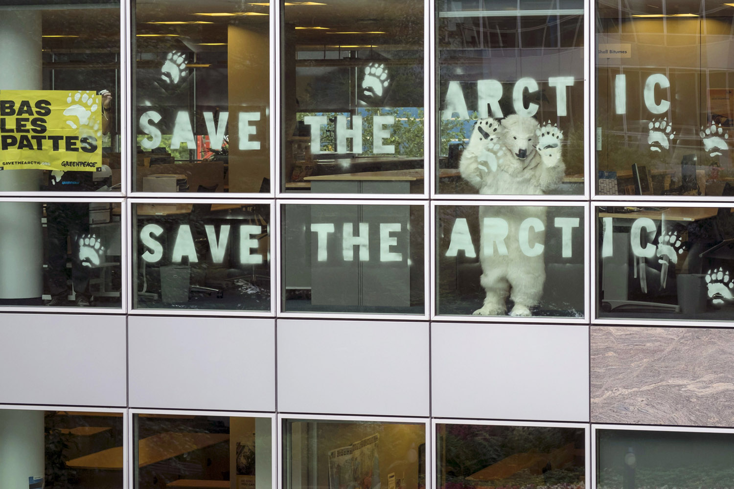 July 19, 2012. A Greenpeace activist dressed like a polar bear poses inside the Shell Company in Colombes, near Paris.