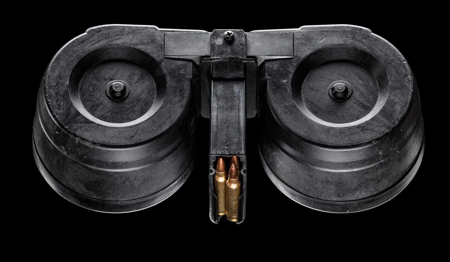 A 100 round drum magazine loaded with .223 Caliber ammunition, similar to the one allegedly used by James Holmes in the Aurora, Colo. shooting on July 20, 2012.