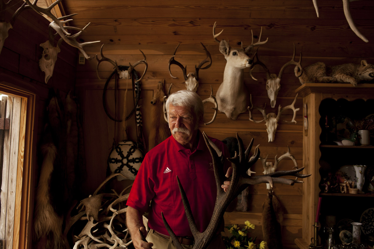 Bela Karolyi in his home. He is an avid hunter and his walls display many hunting trophies.