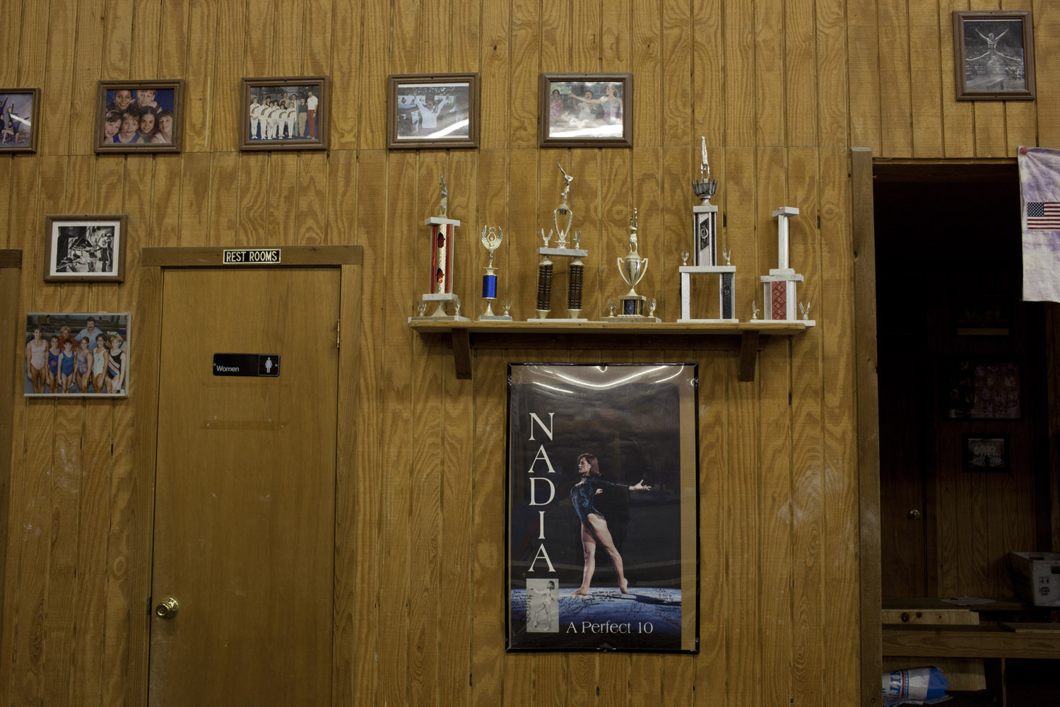 A wall displays mementos from past Olympians groomed for victory at Karolyi's Camp.
