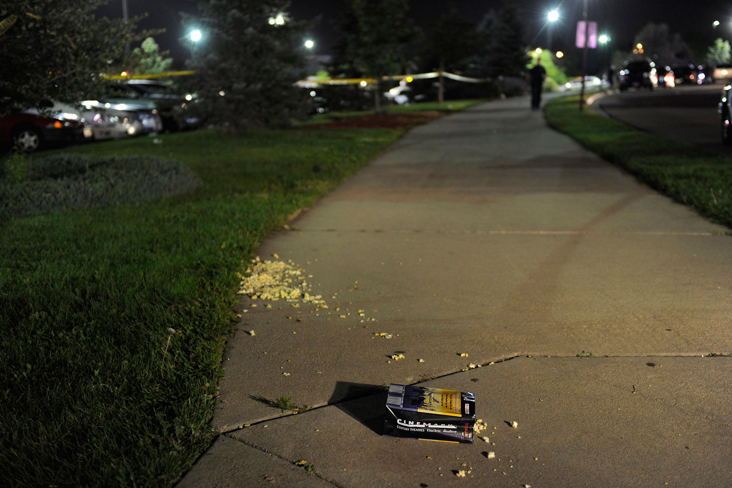 July 20, 2012. Aurora, Colorado, Unites States: A bag of popcorn was abandoned outside an Aurora theatre where a gunmen opened fire on moviegoers Friday morning. At least twelve people were killed when a lone shooter opened fire inside the theatre during a midnight screening of The Dark Knight Rises.