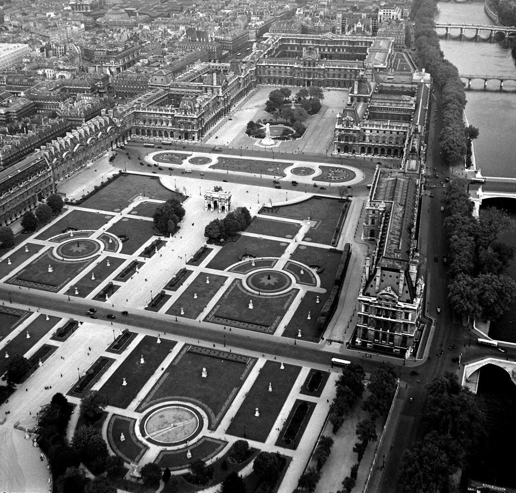 Aerial view of the Louvre and the Tuileries Garden, 1953.