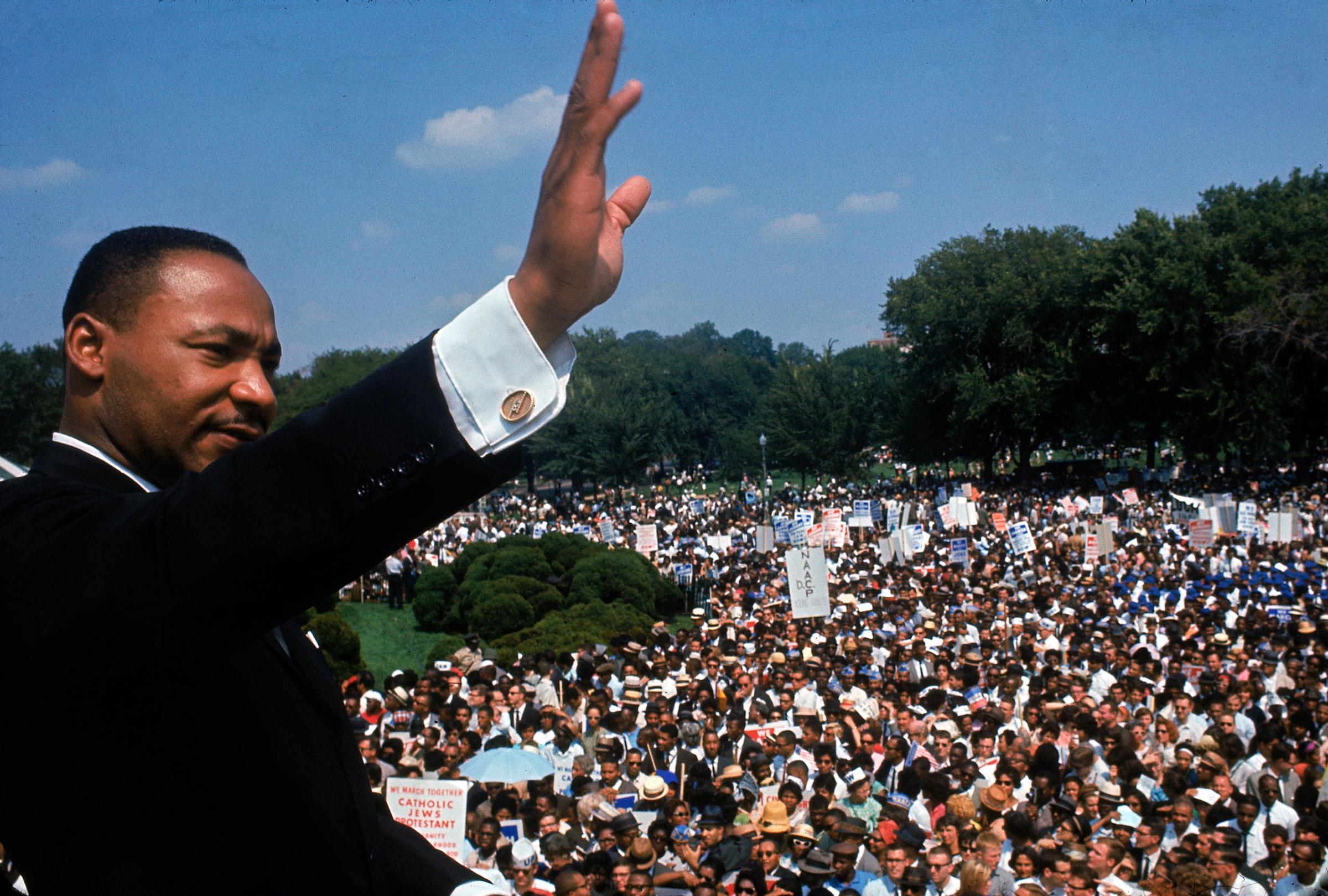 Martin Luther King Jr. addresses the crowd during the March on Washington for Jobs and Freedom, August 28, 1963.