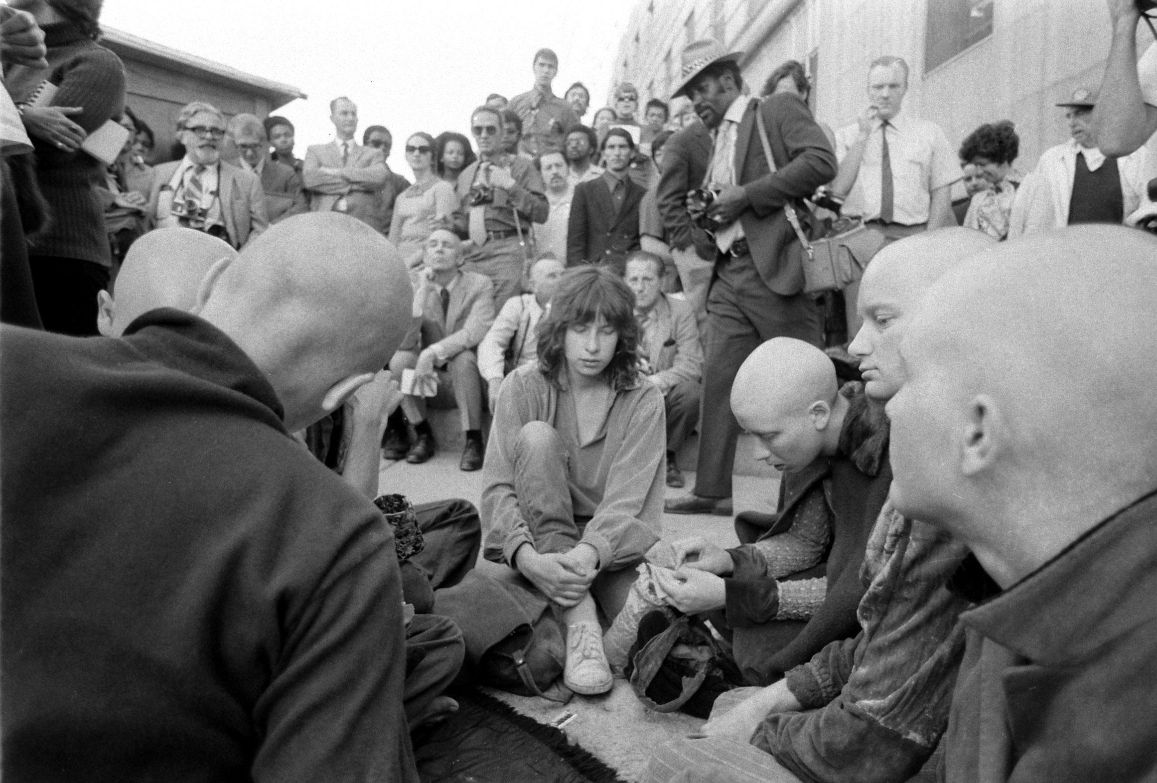 Charles Manson supporters outside the courthouse during his murder trial, Los Angeles, 1970.