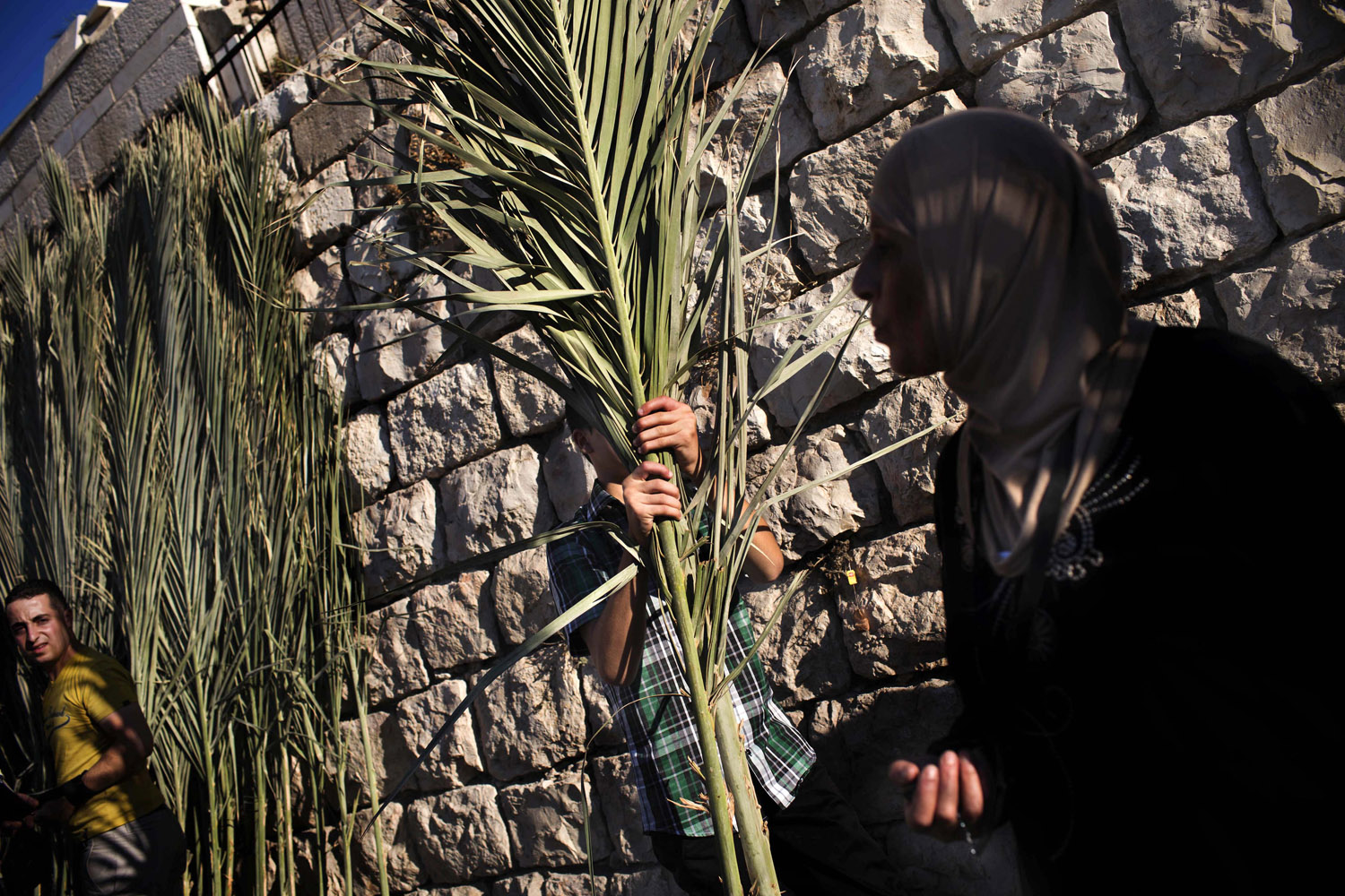 Aug. 19, 2012. A Palestinian man carries palm fronds to lay on the graves of relatives during the first day of Eid al-Fitr, which marks the end of the Muslim fasting month of Ramadan, outside Jerusalem's Old City.