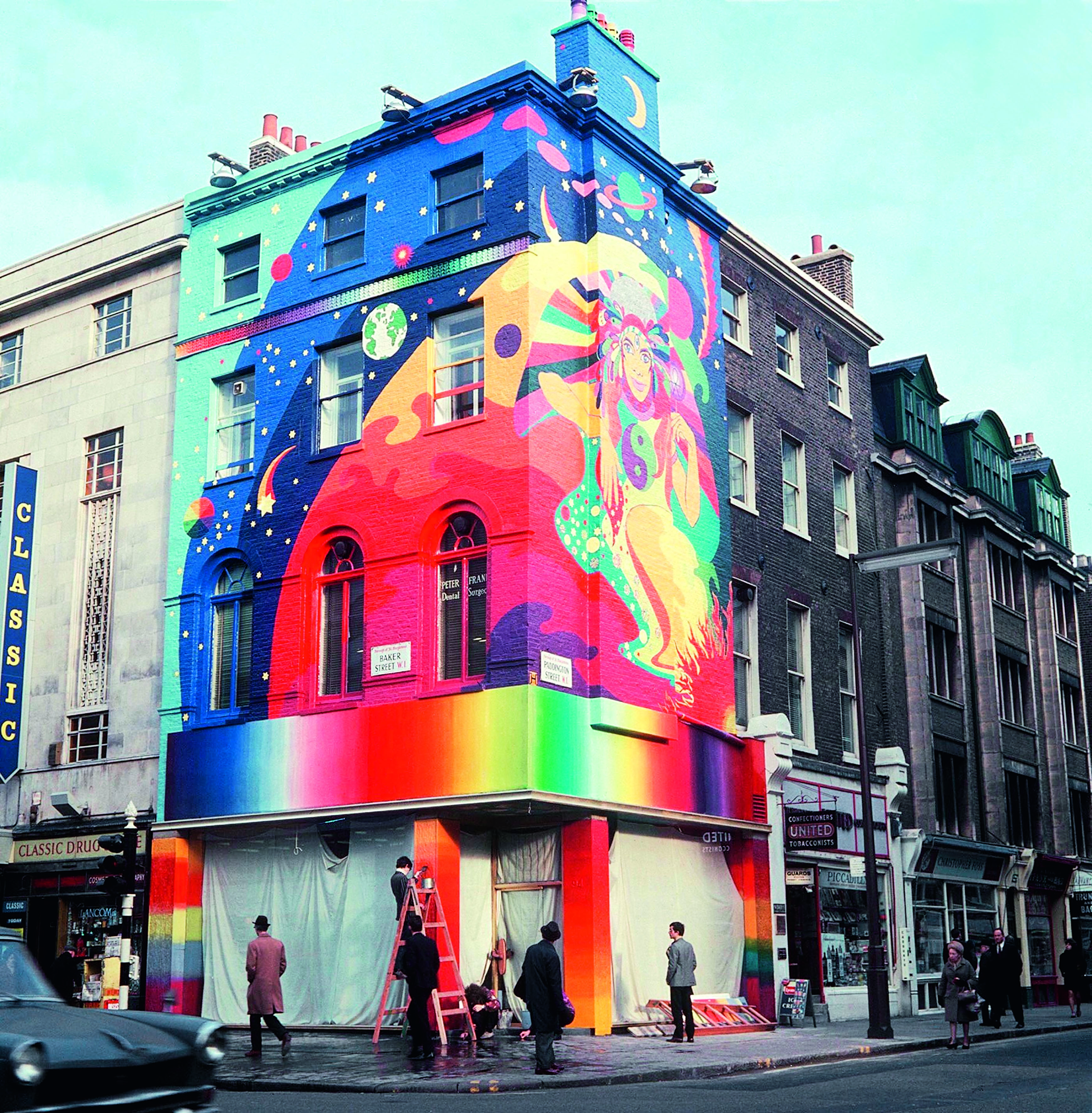 1967. The original Apple Boutique, run by Dutch design group The Fool, who also painted the outside, was on the corner of Paddington Street and Baker Street. Westminster Council immediately made them paint over the psychedelic mural.