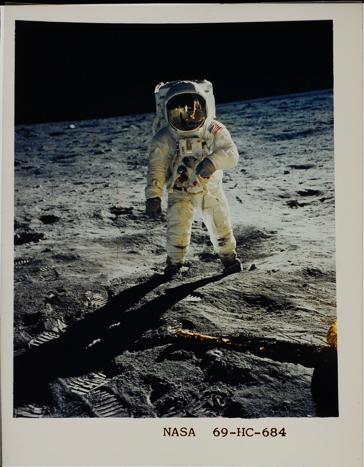Astronaut Buzz Aldrin stands on the lunar surface, photographed by Neil Armstrong, July 1969.