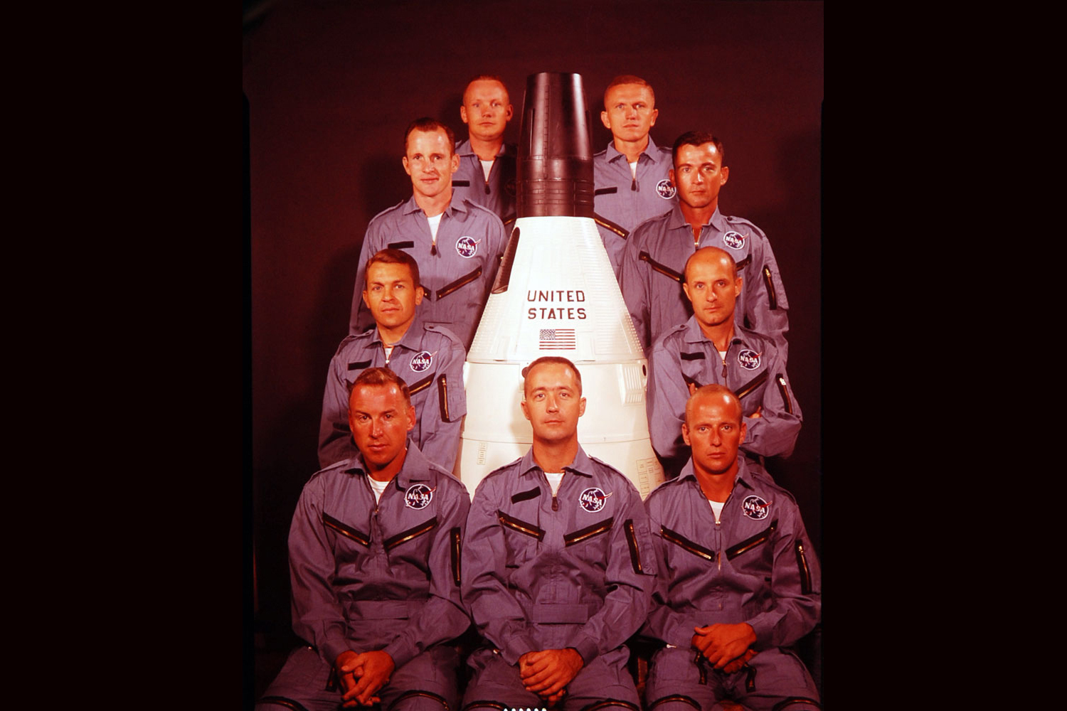 NASA's newest astronauts, 1963: Bottom row (from left): James Lovell Jr., James McDivitt, and Charles Conrad Jr.; second row: Elliot See Jr. and Major Thomas Stafford; third row: Captain Edward White II and Lt. Commander John Young; top row: Neil Armstrong and Major Frank Borman.