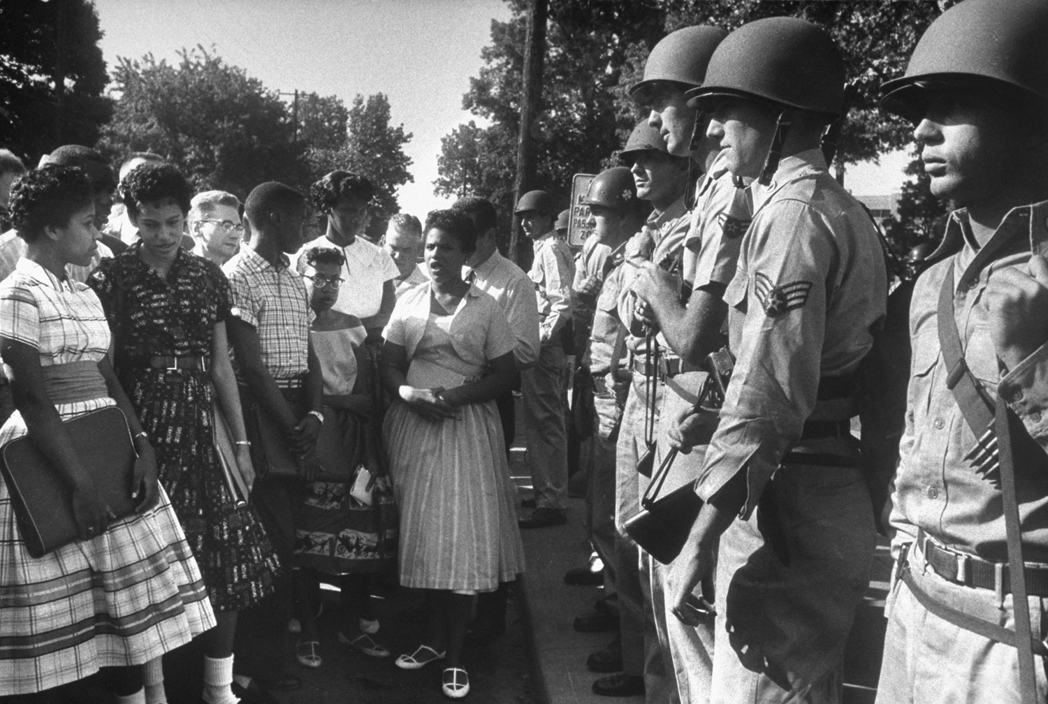 Arkansas National Guardsmen prevent African American students from entering Little Rock Central High School, September 1957.