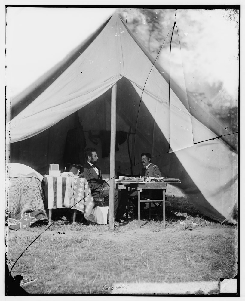 President Lincoln and Gen. George B. McClellan in the general's tent at Antietam.