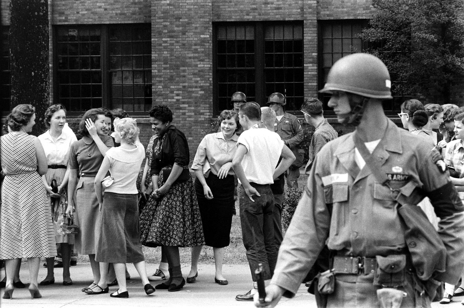 Scene in Little Rock, Arkansas, during anti-integration protests in September 1957.