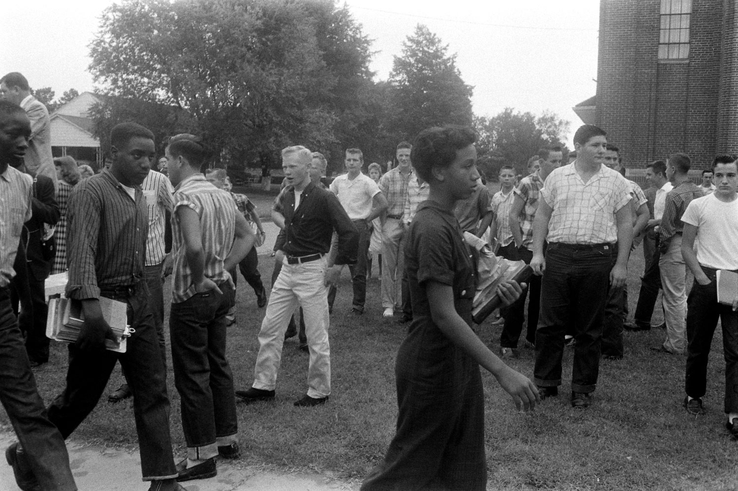 African-American students arrive at school in Van Buren, Arkansas, the year after the Little Rock Nine integrated Little Rock's public schools, September 1958.