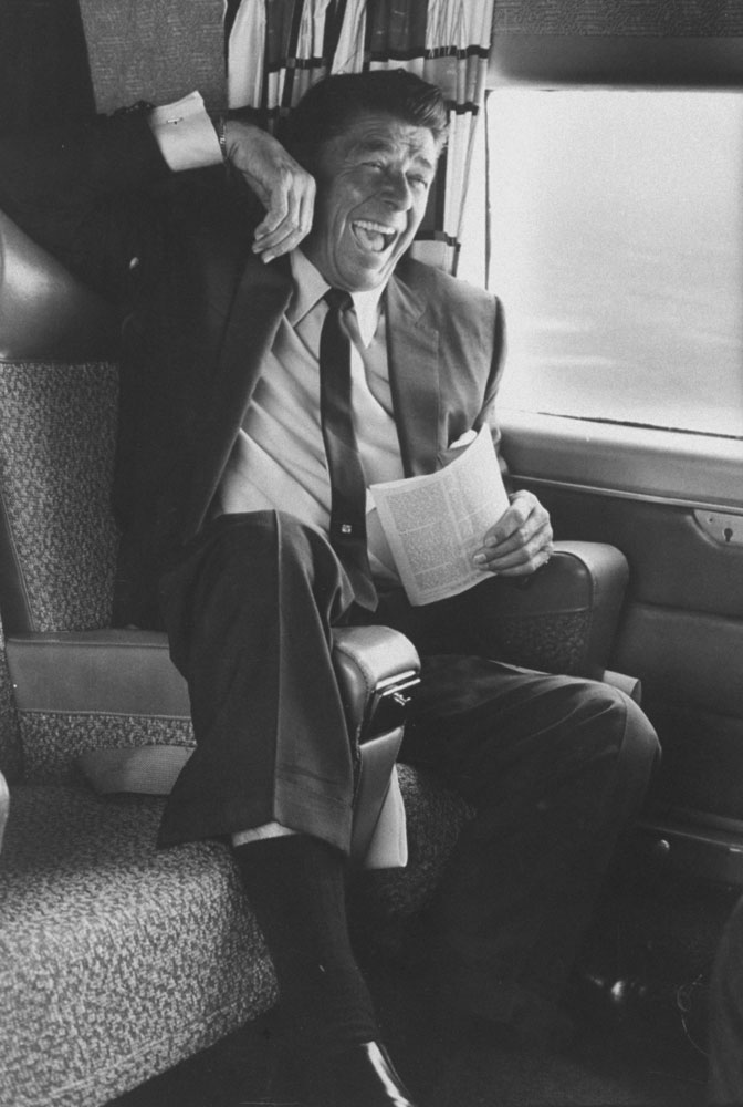A jubilant Ronald Reagan celebrates victory during California's gubernatorial primary, 1966.