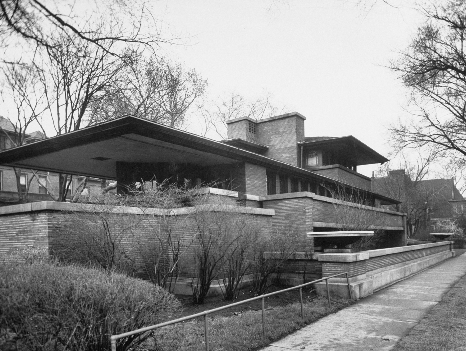 Robie House in Hyde Park, Chicago, a masterpiece of the "Prairie" style, designed by Frank Lloyd Wright. (Completed 1910.)